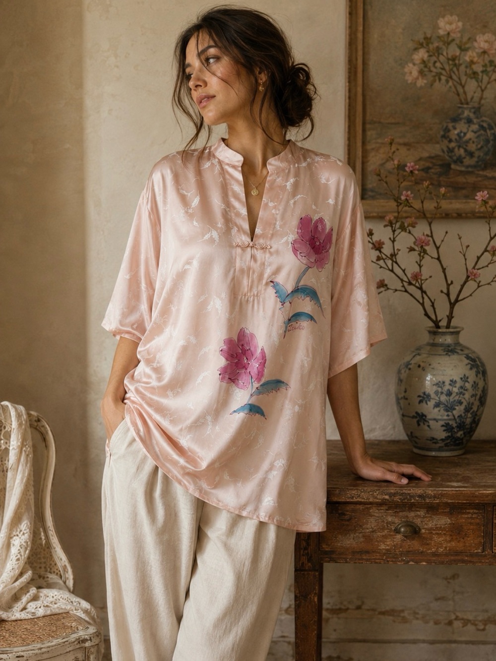 Vintage Pink Floral Mandarin Tunic